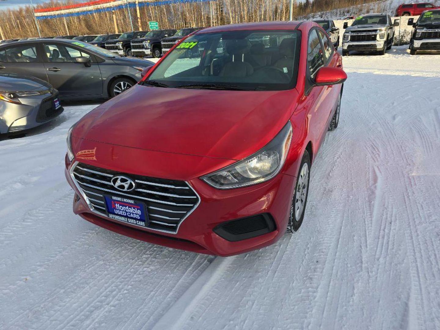 2021 RED HYUNDAI ACCENT SE (3KPC24A68ME) with an 1.6L engine, 6-Speed Manual transmission, located at 2525 S. Cushman, Fairbanks, AK, 99701, (907) 452-5707, 64.824036, -147.712311 - Photo#1